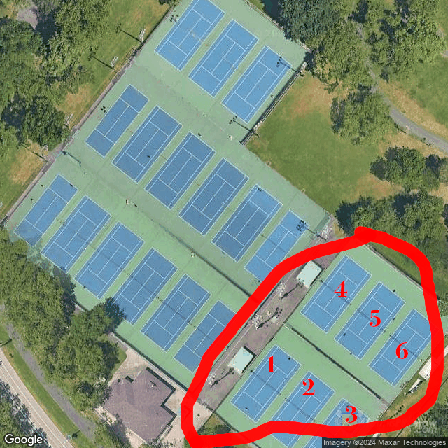 Satellite view of the Lincoln Park Tennis Center with the six one-day tournament courts circled and labeled 1 through 6